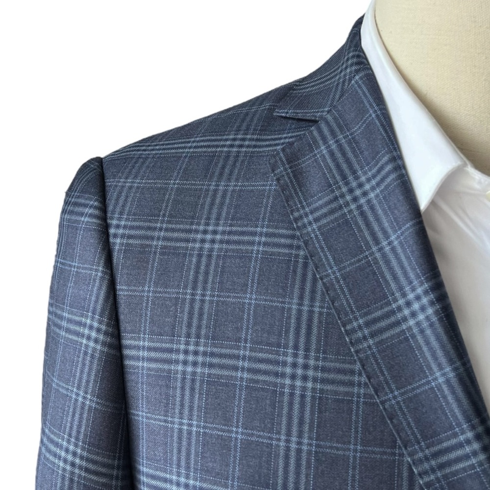 J Hilburn Navy Blue Plaid Wool Sports Coat | 40 R
